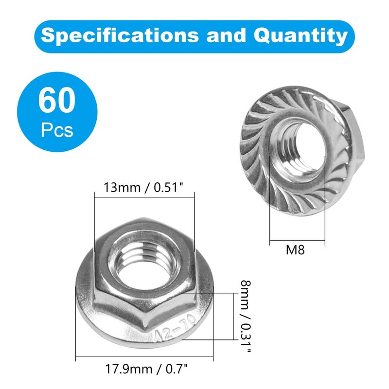 Yinpecly 60 Pcs M8 x 1.25mm Serrated Flange Hex Nuts, M8 Hexagon Flange Nuts,304 Stainless Steel, Metric Hex Lock Nuts, Locknuts Replacement Nut Full Thread for Industrial Construction Fasteners - Image 2
